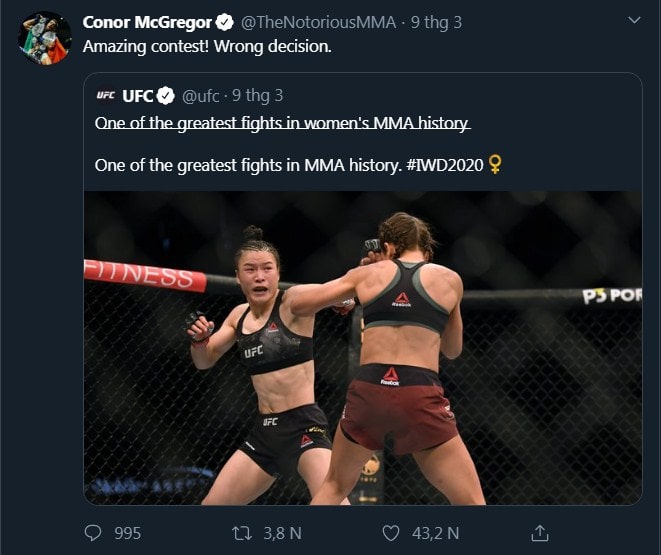 Conor McGregor tin kết quả trận tranh đai nữ UFC 248 “là một sai lầm”